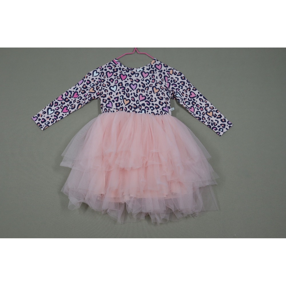 Snuggle Bums Long Sleeved‎ Bamboo Tulle Dress - Pink Leopard Hearts - Size 2 T